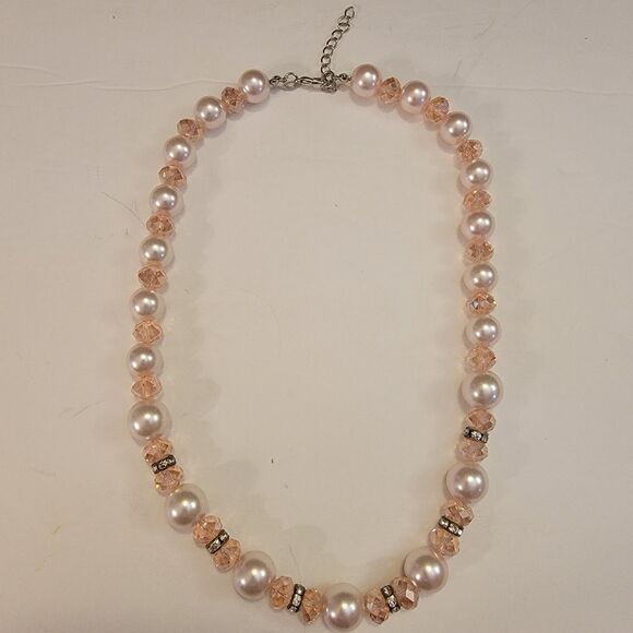 Faux Pearl (Pale Pink / Blush) With Light Pink Fauceted Glass Bead Necklace - Picture 2 of 5